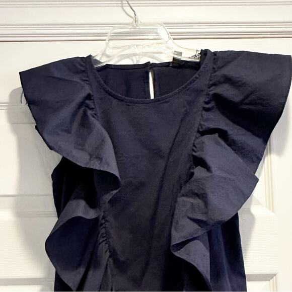 J Crew Navy Blue Ruffle Front Top G5502 Preppy Cotton Blouse Extra Small Shirt - Picture 4 of 12